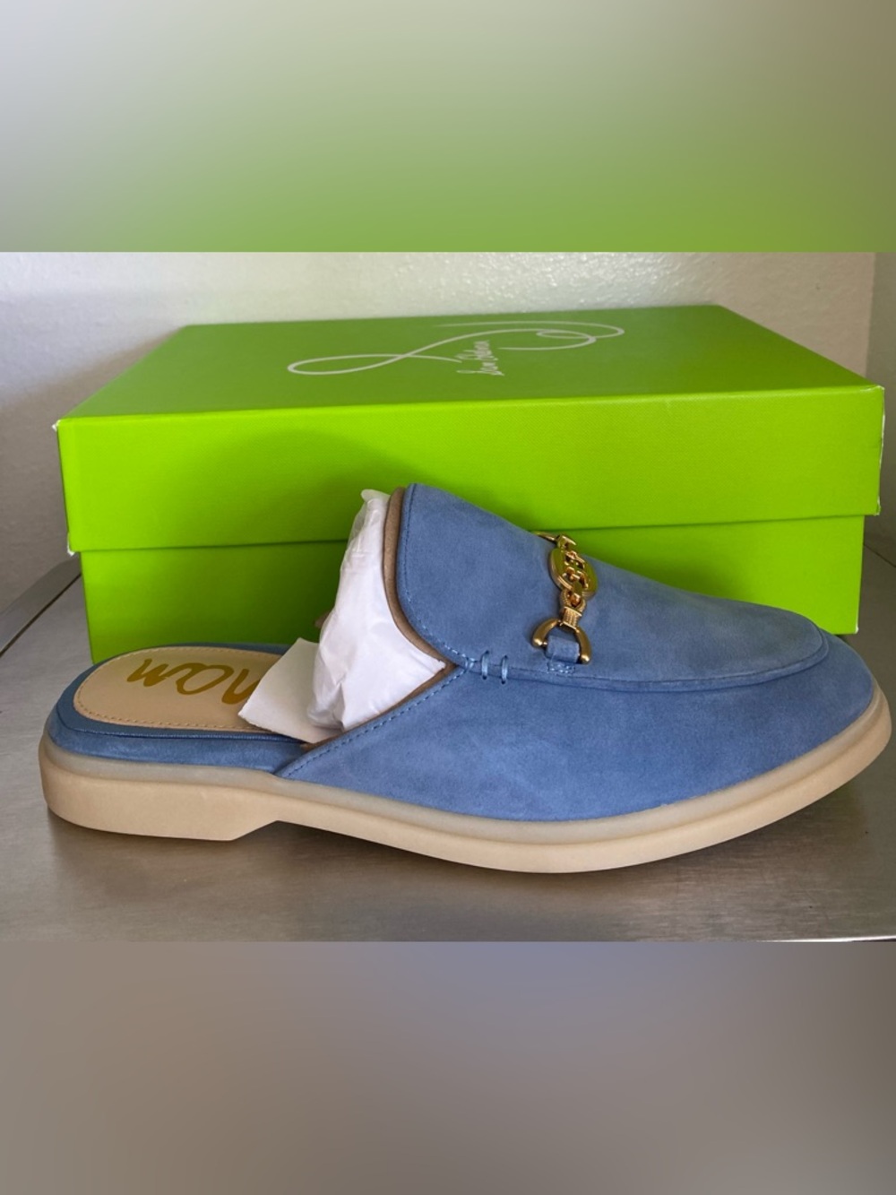 NEW.. SAM EDELMAN WOMENS BLUE SUEDE SLIP ON LOAFER MULES WITH BIT GOLD HARDWARE - Picture 4 of 10
